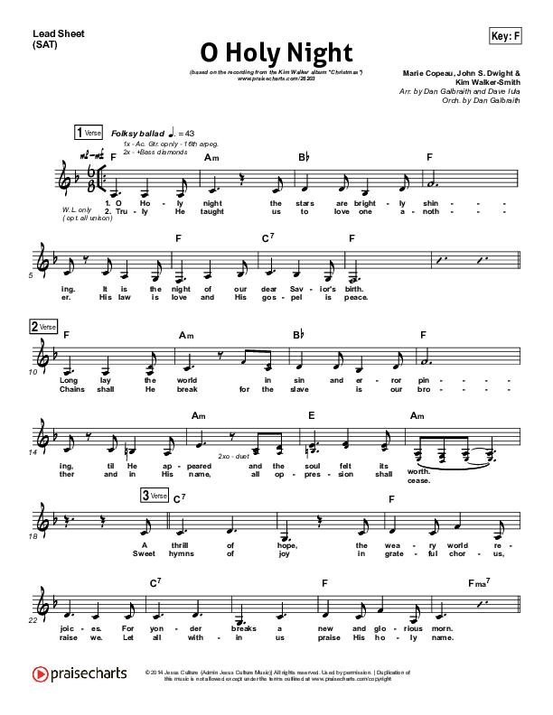 O Holy Night Lead Sheet (SAT) (Kim Walker-Smith)