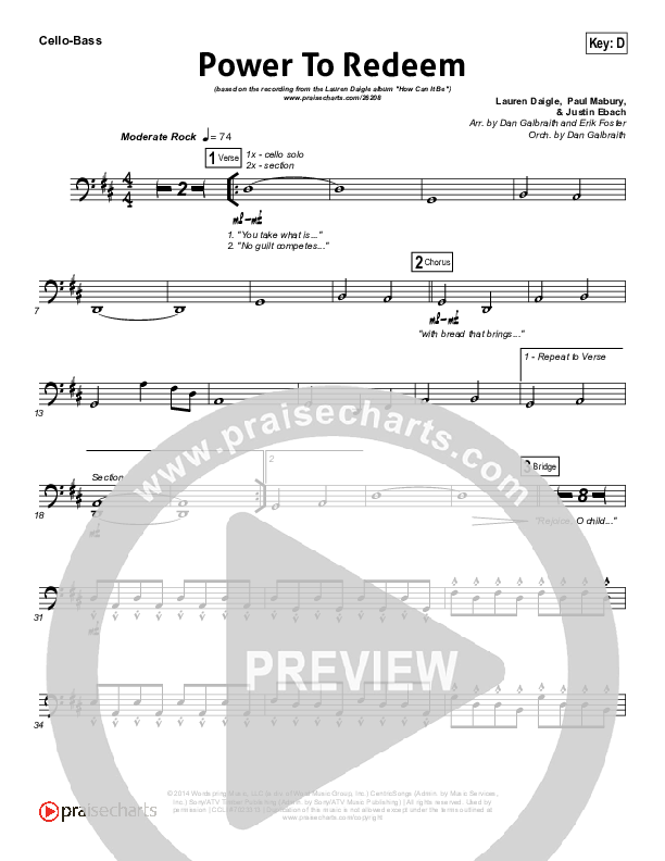 Power To Redeem Cello/Bass (Lauren Daigle)