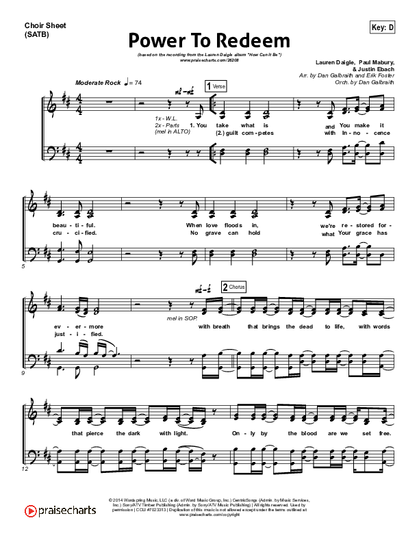 Power To Redeem Choir Vocals (SATB) (Lauren Daigle)
