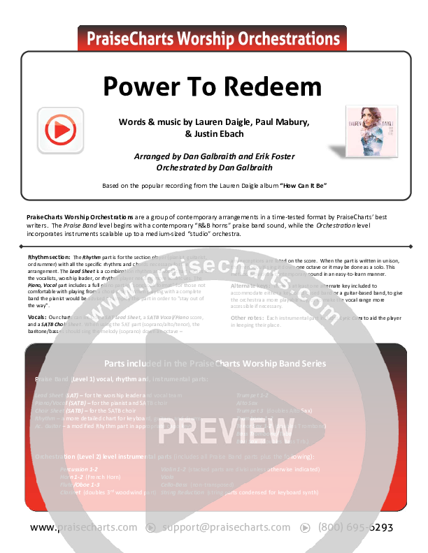 Power To Redeem Cover Sheet (Lauren Daigle)
