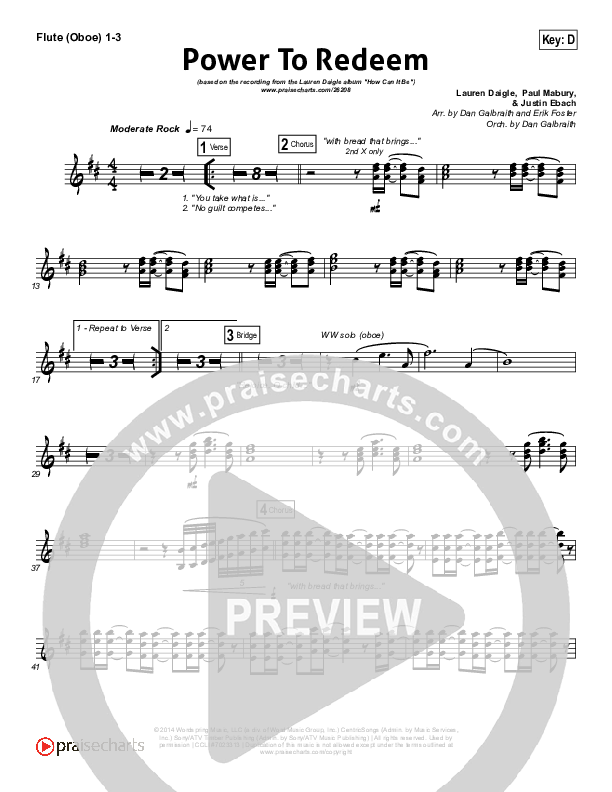 Power To Redeem Flute/Oboe 1/2/3 (Lauren Daigle)