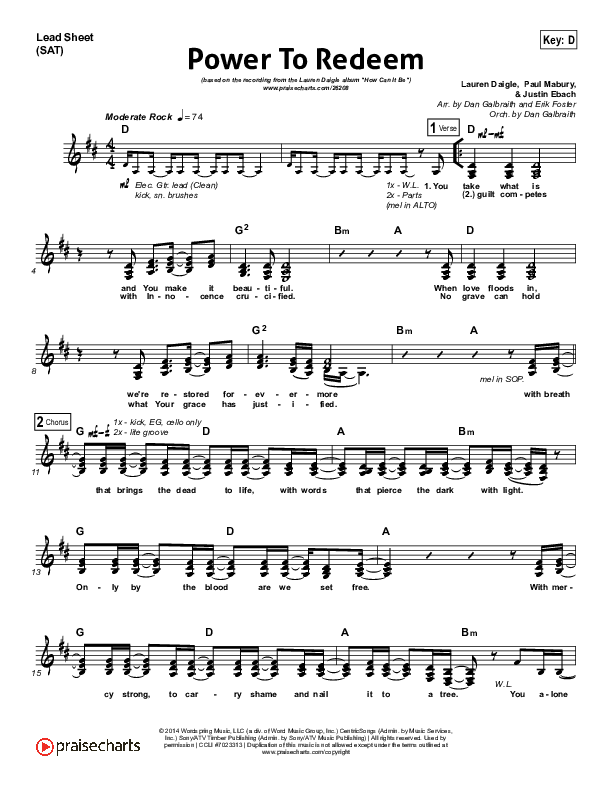 Power To Redeem Lead Sheet (SAT) (Lauren Daigle)