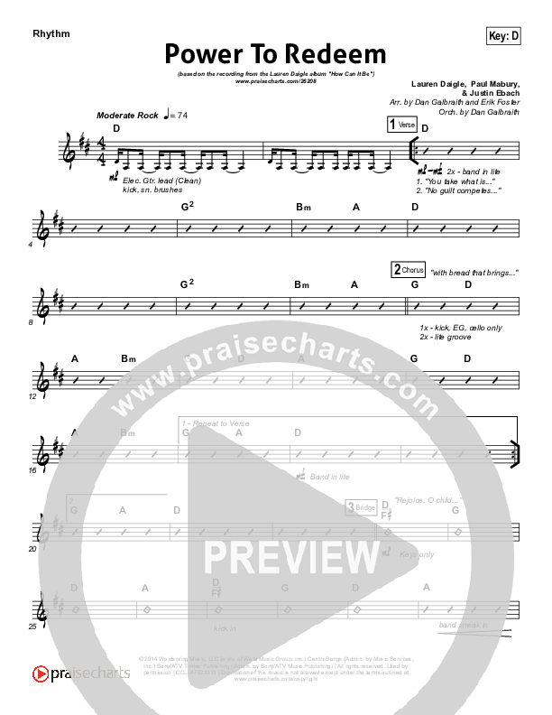 Power To Redeem Rhythm Chart (Lauren Daigle)