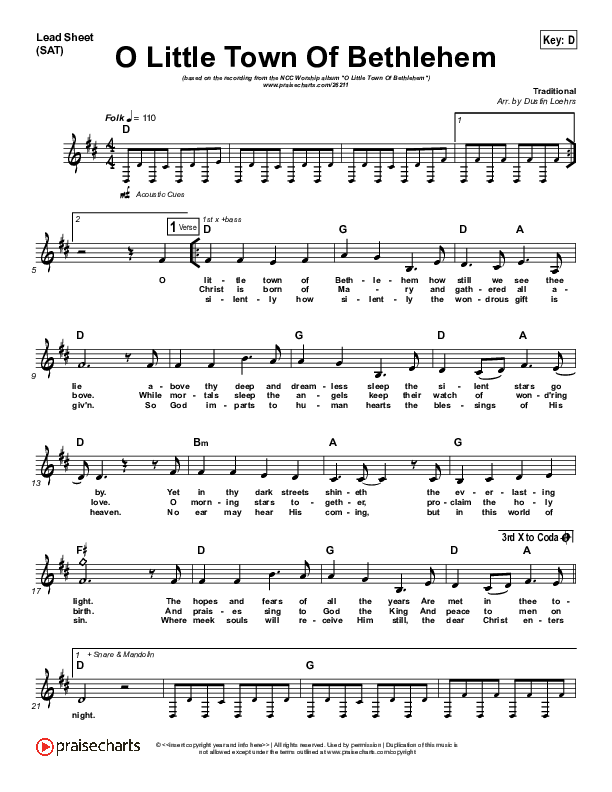 O Little Town Of Bethlehem (Emmanuel Has Come) Lead Sheet (SAT) (NCC Worship)