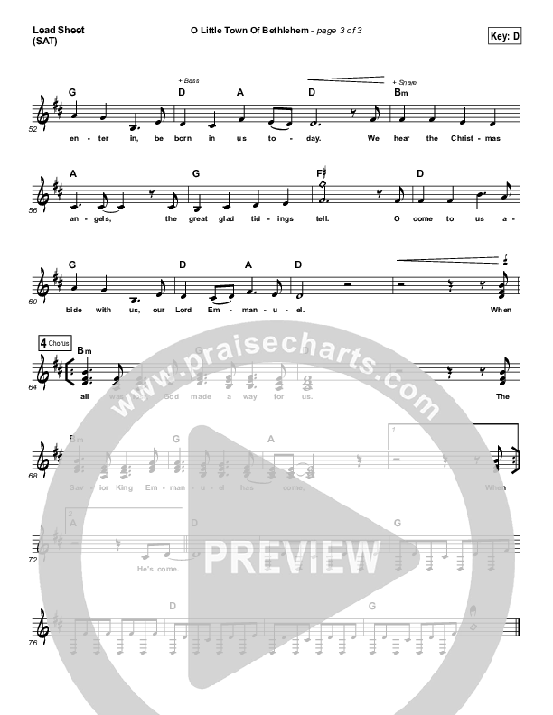 O Little Town Of Bethlehem (Emmanuel Has Come) Lead Sheet (SAT) (NCC Worship)