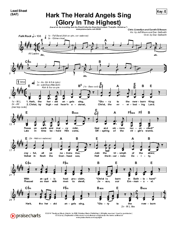 Hark The Herald Angels Sing (Glory In The Highest) Lead Sheet (SAT) (Rend Collective)