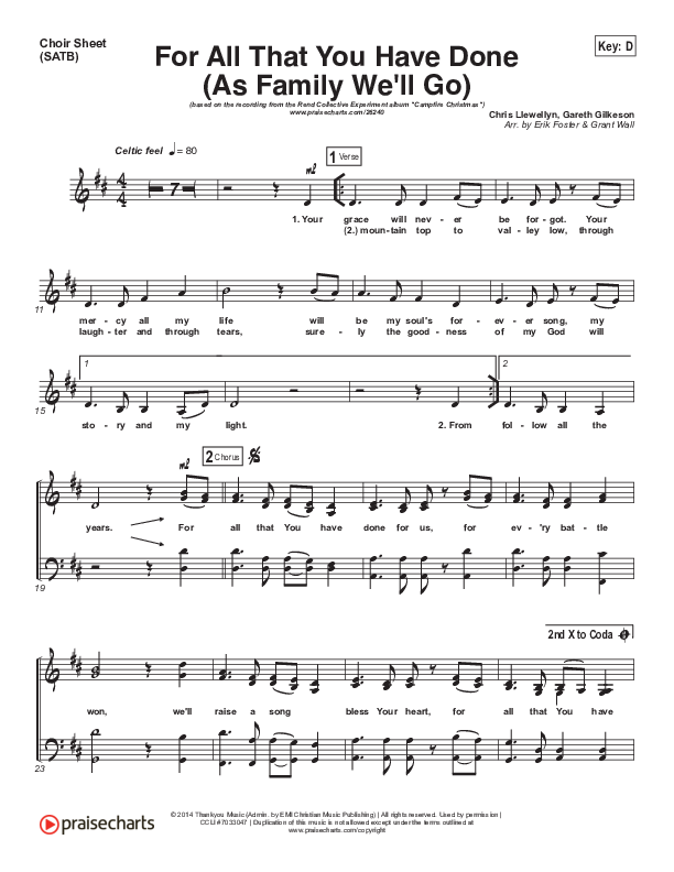 For All That You Have Done (As A Family We'll Go) Choir Sheet (SATB) (Rend Collective)