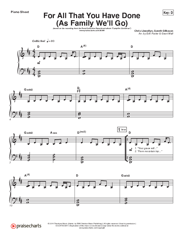 For All That You Have Done (As A Family We'll Go) Piano Sheet (Rend Collective)