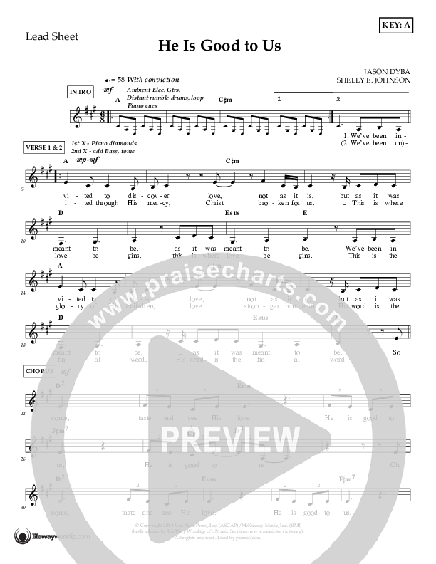 He Is Good To Us Lead Sheet (Shelly E. Johnson)