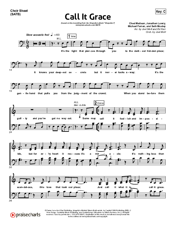 Call It Grace Choir Sheet (SATB) (Unspoken)
