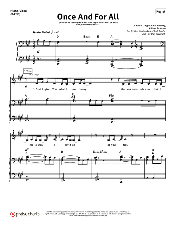 Once And For All Piano/Vocal (SATB) (Lauren Daigle)