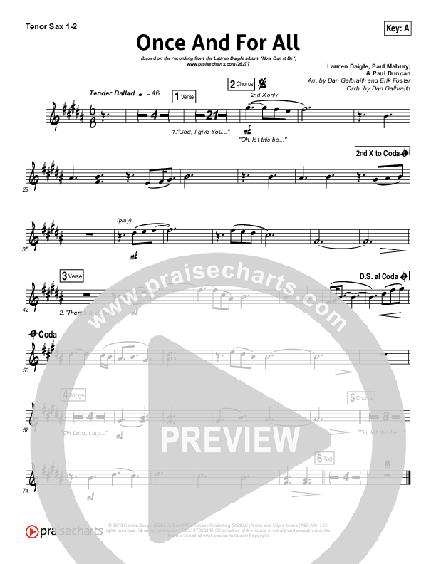 Once And For All Tenor Sax 1/2 (Lauren Daigle)