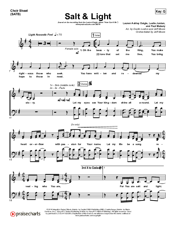 Salt & Light Choir Sheet (SATB) (Lauren Daigle)