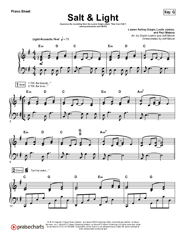 Salt & Light Piano Sheet (Lauren Daigle)