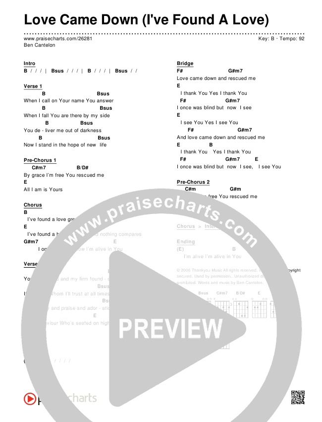 Love Came Down (I've Found A Love) Chords & Lyrics (Ben Cantelon)