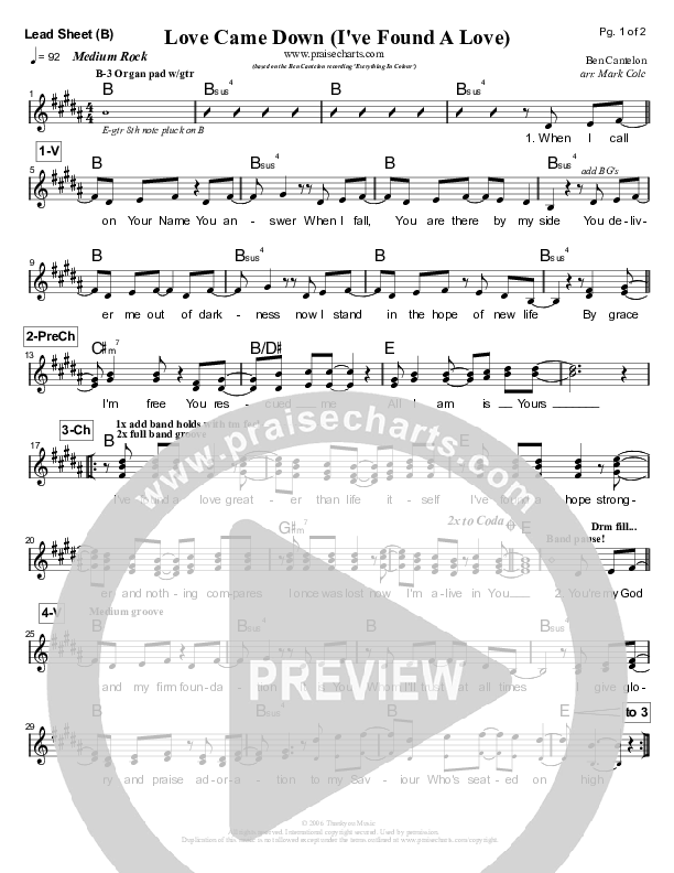 Love Came Down (I've Found A Love) Lead Sheet (Ben Cantelon)
