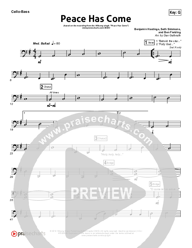 Peace Has Come Cello/Bass (Hillsong Worship)
