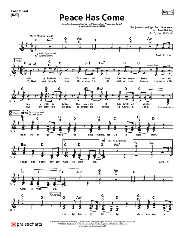 Peace Has Come Lead Sheet (SAT) (Hillsong Worship)