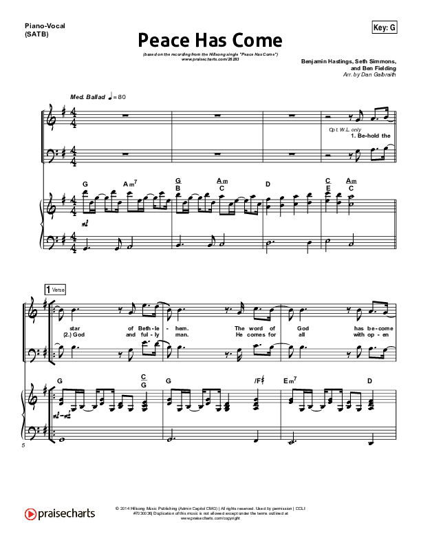 Peace Has Come Piano/Vocal (SATB) (Hillsong Worship)