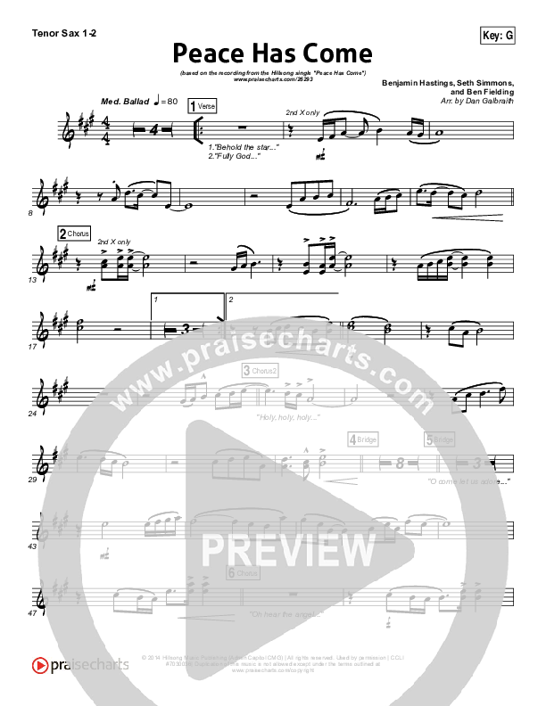 Peace Has Come Tenor Sax 1/2 (Hillsong Worship)