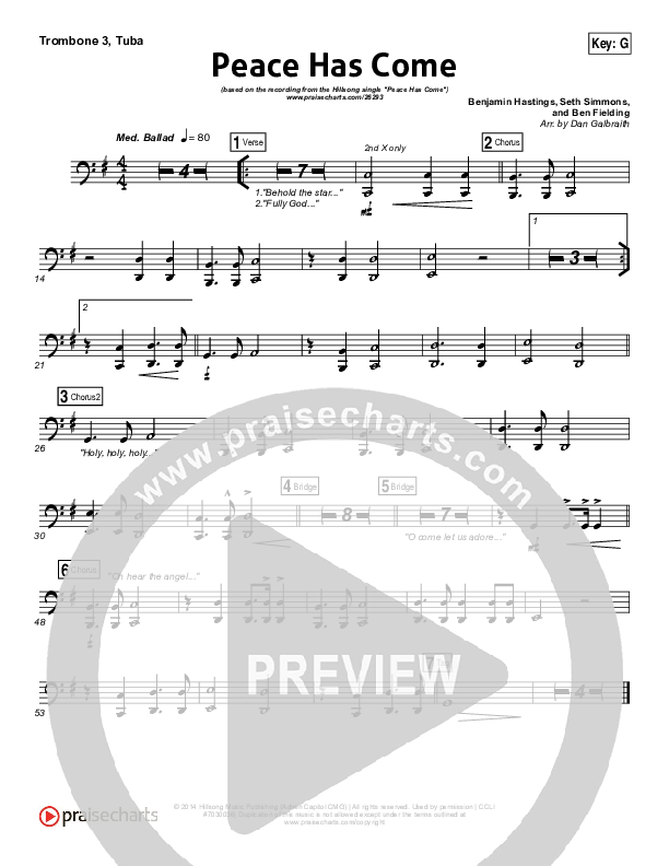 Peace Has Come Trombone 3/Tuba (Hillsong Worship)