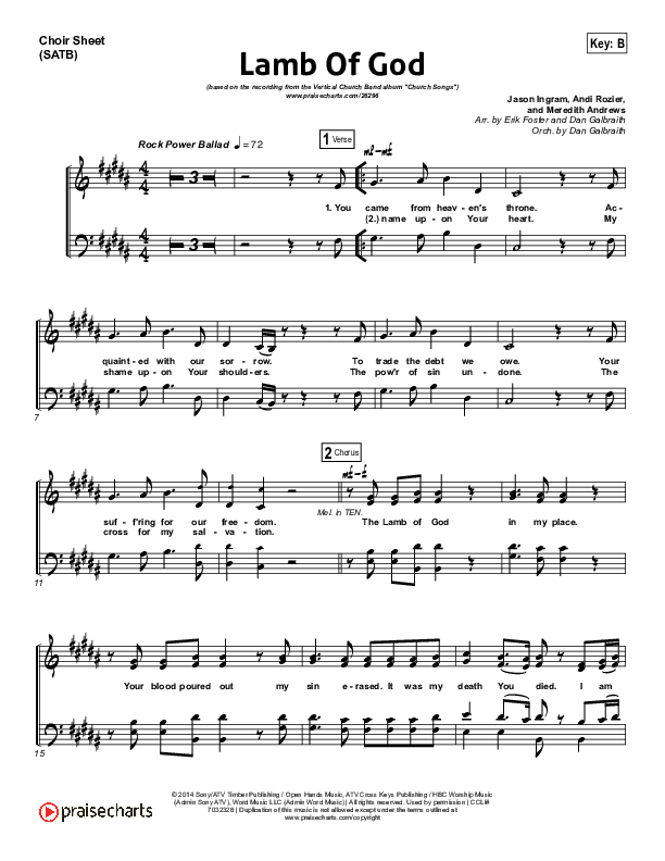 Lamb Of God Choir Sheet (SATB) (Vertical Worship)
