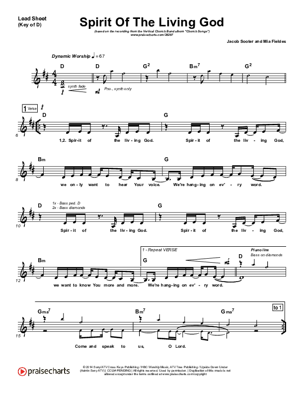 Spirit Of The Living God Lead Sheet (Melody) (Vertical Worship)