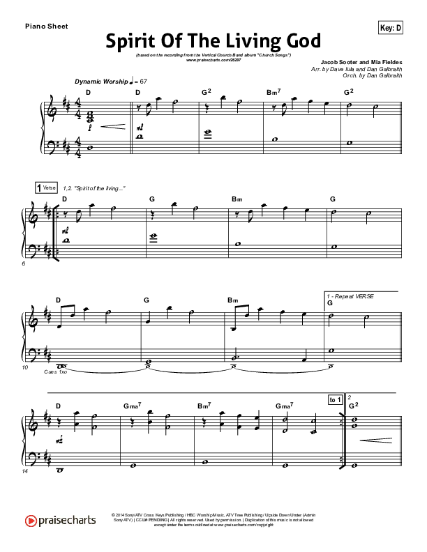 Spirit Of The Living God Piano Sheet (Vertical Worship)