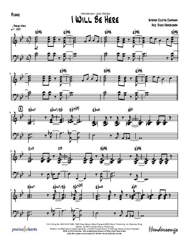 I Will Be Here (Instrumental) Piano Sheet (Brad Henderson)