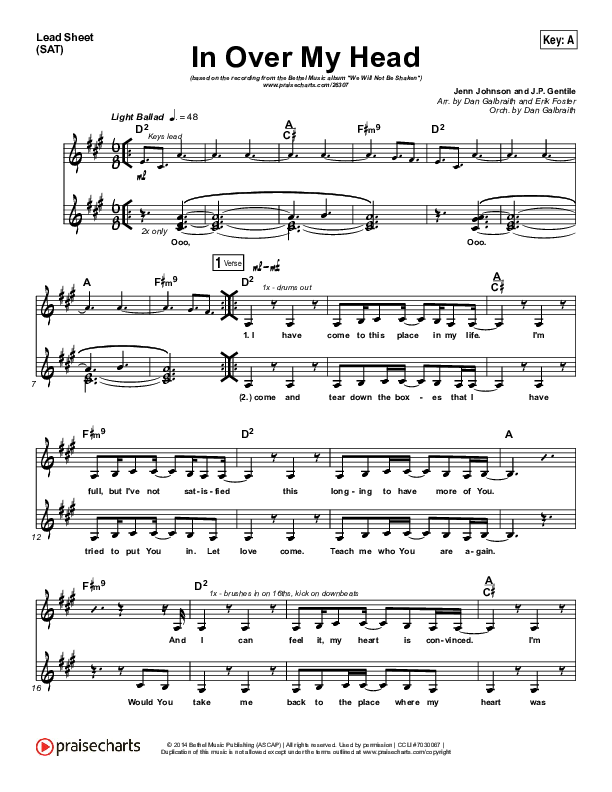 In Over My Head Lead Sheet (SAT) (Bethel Music)
