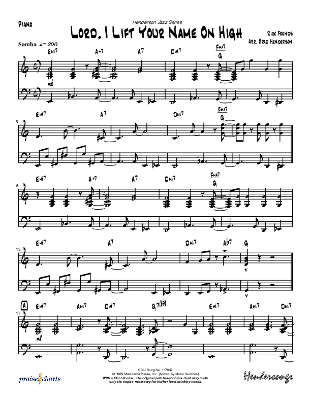 Lord I Lift Your Name On High (Instrumental) Piano Sheet (Brad Henderson)