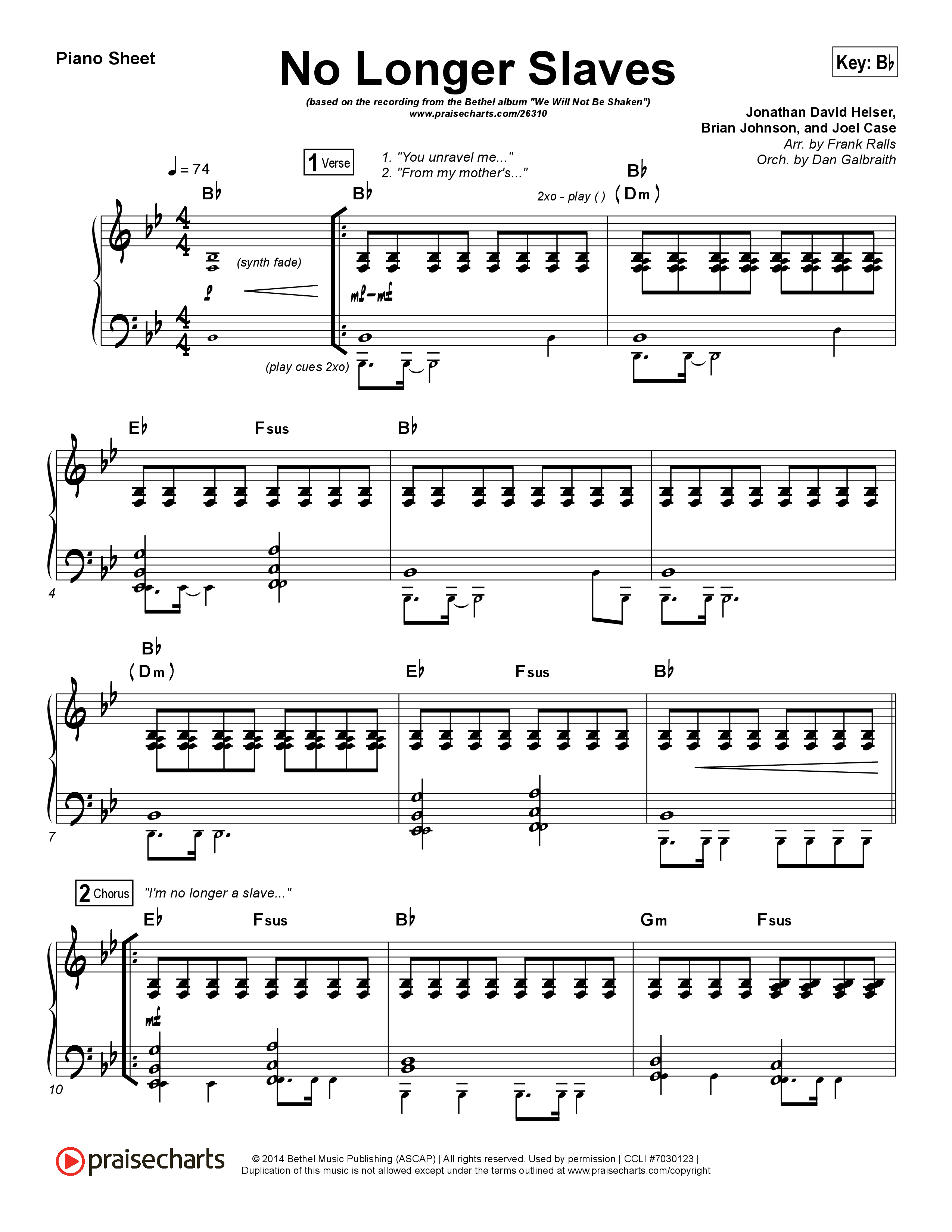 No Longer Slaves (Spontaneous)(Live) Piano Sheet (Bethel Music)