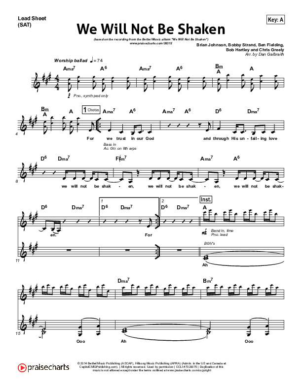 We Will Not Be Shaken Lead Sheet (SAT) (Bethel Music)