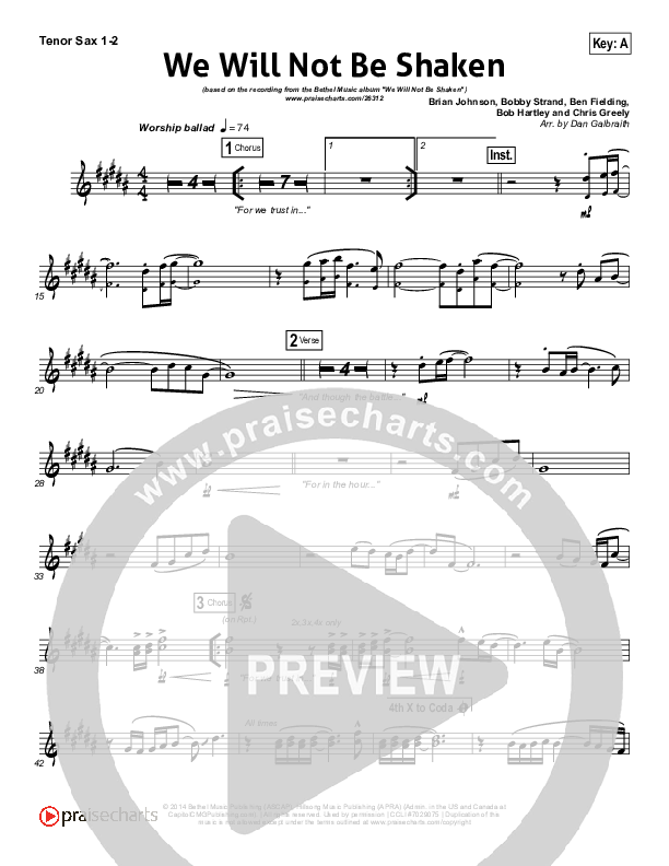 We Will Not Be Shaken Tenor Sax 1/2 (Bethel Music)