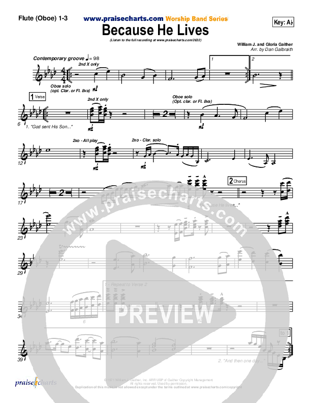 Because He Lives Flute/Oboe 1/2/3 (PraiseCharts Band / Arr. Daniel Galbraith)