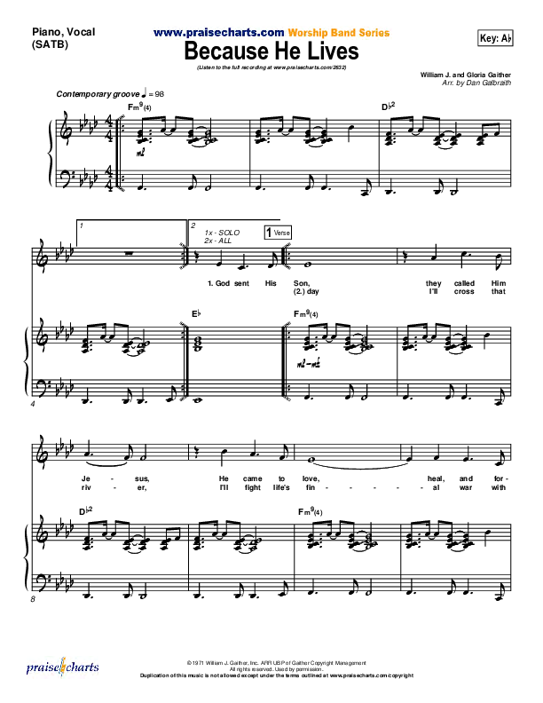 Because He Lives Piano/Vocal (PraiseCharts Band / Arr. Daniel Galbraith)