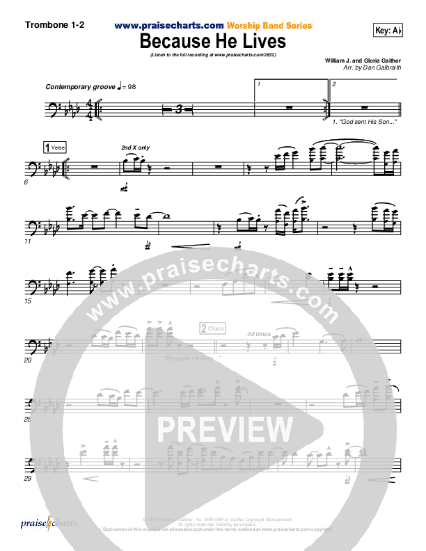 Because He Lives Trombone 1/2 (PraiseCharts Band / Arr. Daniel Galbraith)