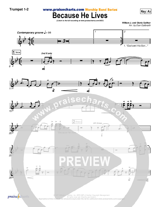 Because He Lives Trumpet 1,2 (PraiseCharts Band / Arr. Daniel Galbraith)