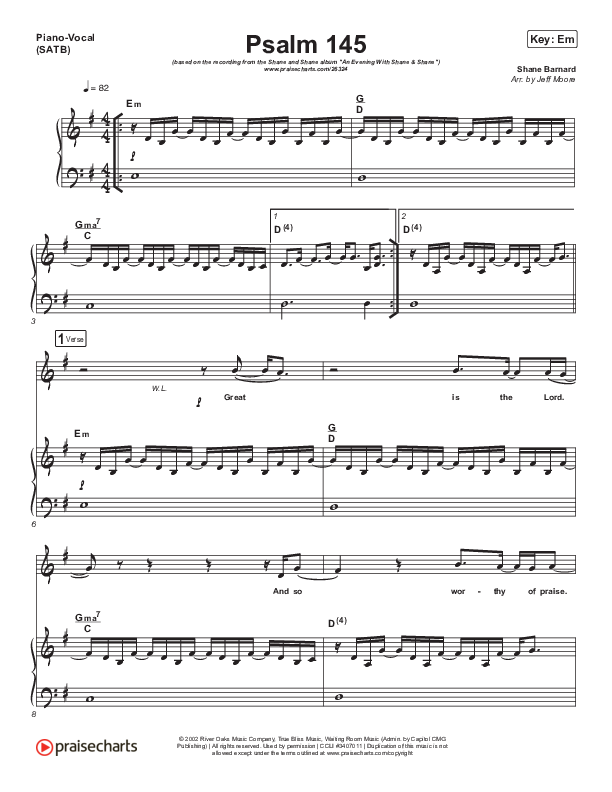 Psalm 145 Piano/Vocal (SATB) (Shane & Shane)
