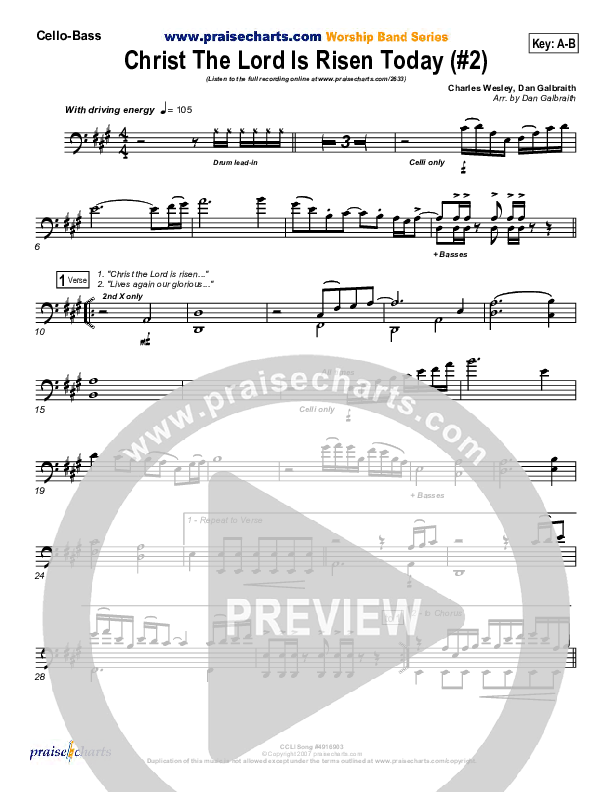 Christ The Lord Is Risen Today Cello/Bass (PraiseCharts Band / Arr. Daniel Galbraith)