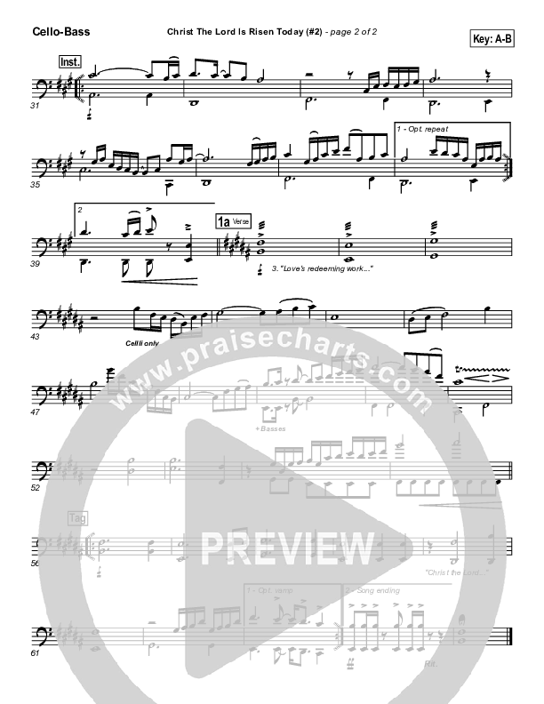 Christ The Lord Is Risen Today Cello/Bass (PraiseCharts Band / Arr. Daniel Galbraith)