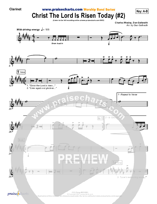 Christ The Lord Is Risen Today Clarinet (PraiseCharts Band / Arr. Daniel Galbraith)