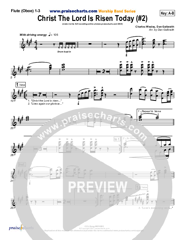 Christ The Lord Is Risen Today Flute/Oboe 1/2/3 (PraiseCharts Band / Arr. Daniel Galbraith)