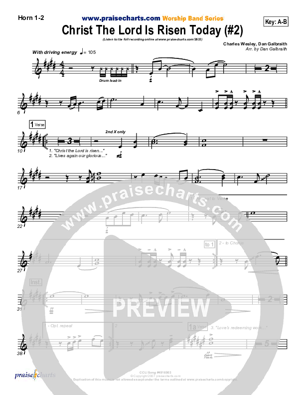 Christ The Lord Is Risen Today French Horn 1/2 (PraiseCharts Band / Arr. Daniel Galbraith)