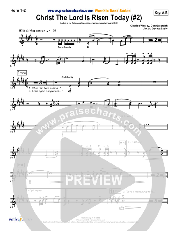 Christ The Lord Is Risen Today French Horn 1/2 (PraiseCharts Band / Arr. Daniel Galbraith)