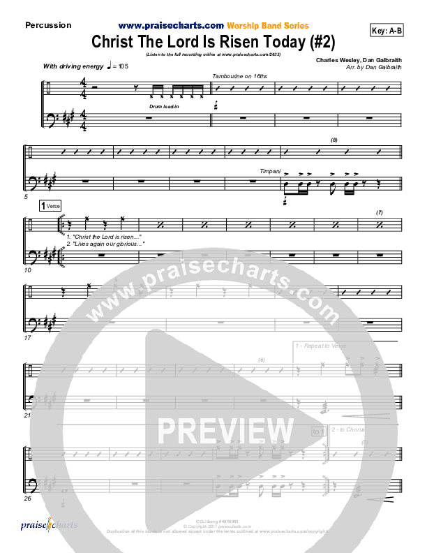 Christ The Lord Is Risen Today Percussion (PraiseCharts Band / Arr. Daniel Galbraith)