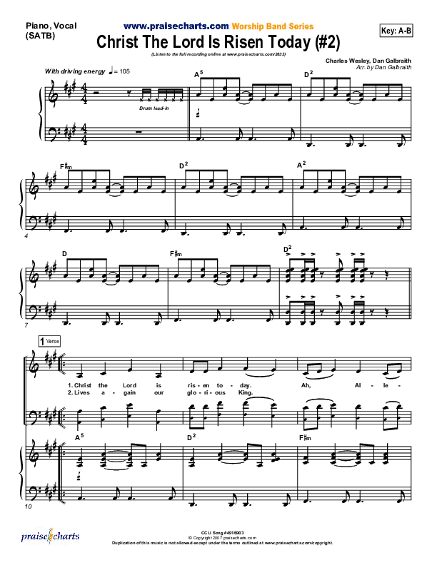 Christ The Lord Is Risen Today Piano/Vocal (PraiseCharts Band / Arr. Daniel Galbraith)