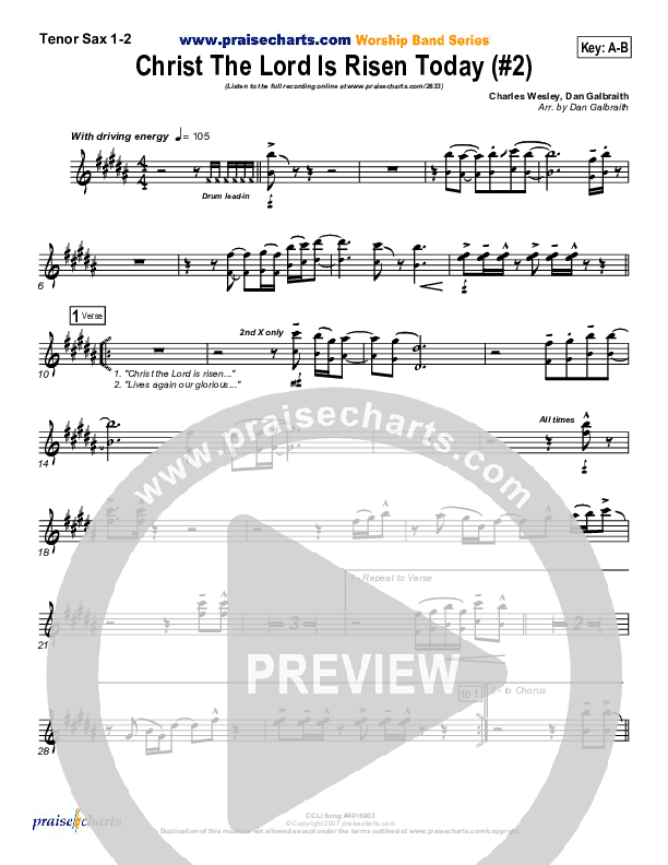 Christ The Lord Is Risen Today Tenor Sax 1/2 (PraiseCharts Band / Arr. Daniel Galbraith)