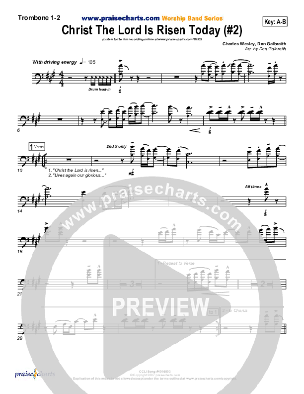 Christ The Lord Is Risen Today Trombone 1/2 (PraiseCharts Band / Arr. Daniel Galbraith)