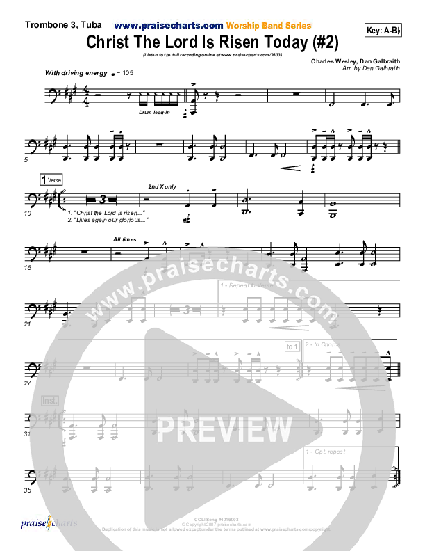 Christ The Lord Is Risen Today Trombone 3/Tuba (PraiseCharts Band / Arr. Daniel Galbraith)